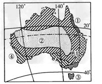 读澳大利亚气候图，回答下列问题。         澳大利亚气候类型分布示意图     （1）填出图中数字所代表的
