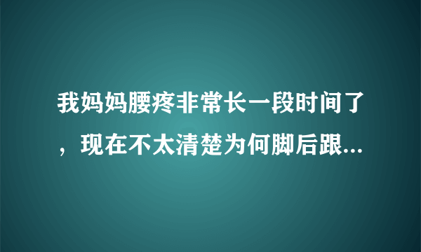 我妈妈腰疼非常长一段时间了，现在不太清楚为何脚后跟也跟着疼起来了，这是怎么回事呢？应该怎么治疗呢？,我妈妈腰疼非常长一段时间了，现在不太清楚为..