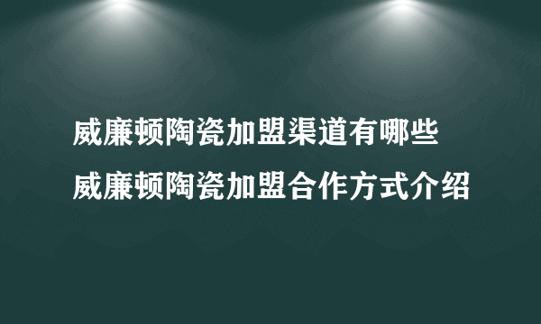 威廉顿陶瓷加盟渠道有哪些 威廉顿陶瓷加盟合作方式介绍