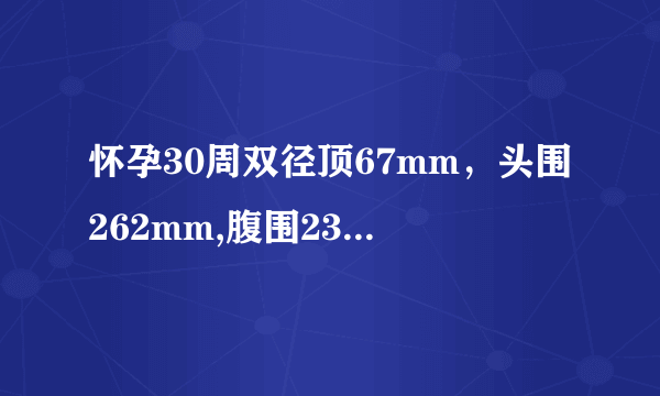 怀孕30周双径顶67mm，头围262mm,腹围237mm，股骨长52m...