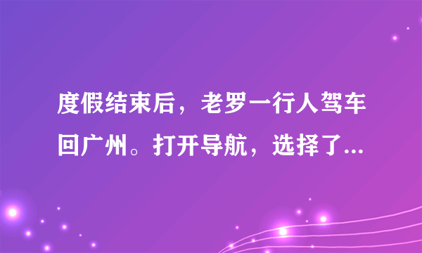 度假结束后，老罗一行人驾车回广州。打开导航，选择了“时间少”的方案（如图所示）。（1）若按此方案准时到达广州，车的平均速度应该是多少？（2）到达停车场倒车时，倒车雷达发射超声波，车经过$0.01s$后收到回波。此时汽车离障碍物约多远？(声波在空气中传播速度为$340m/s$，忽略车速）